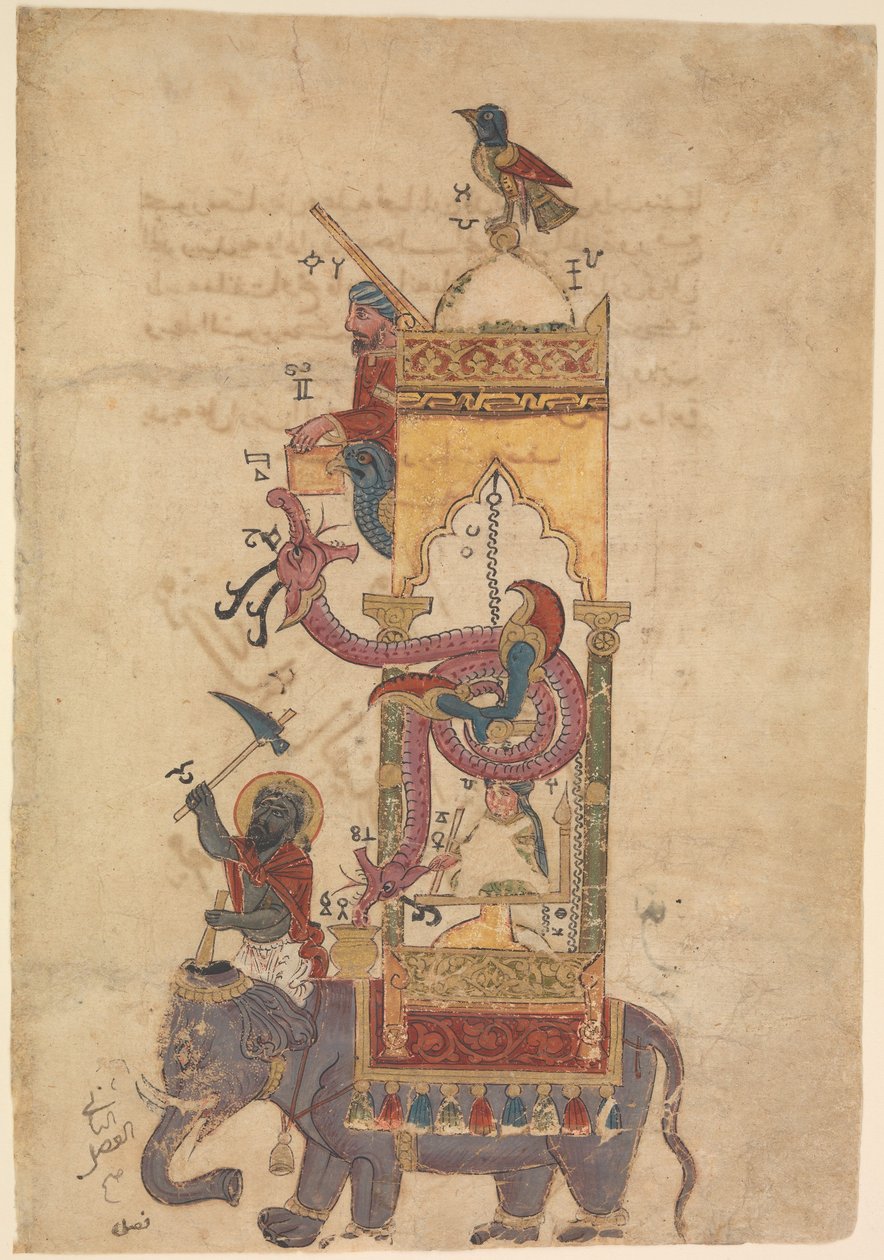 Elefantklokken fra en bok om kunnskap om geniale mekaniske enheter av al-Jazari, 1315 (blekk, ugjennomsiktig akvarell og gull på papir) av Islamic School