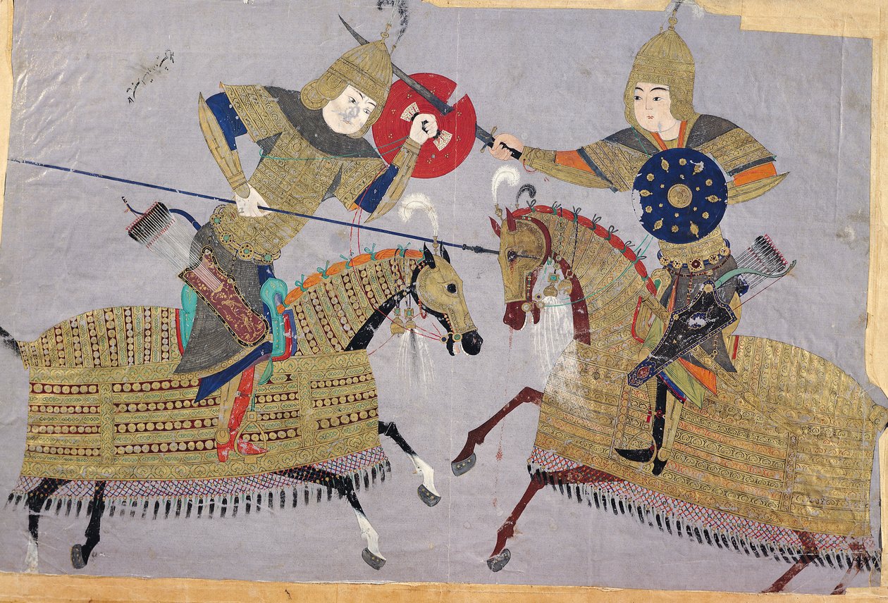 To krigere på hesteryggen i kamp, School of Tabriz, ca. 1480 av Islamic School