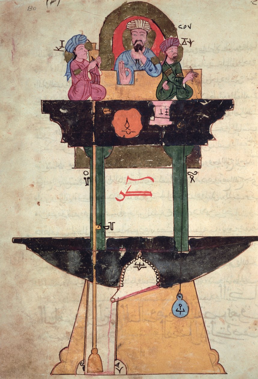 Vannklokke med automatiserte figurer, fra "Book of Knowledge of Genious Mechanical Devices" av Al-Djazari, 1206 av Islamic School