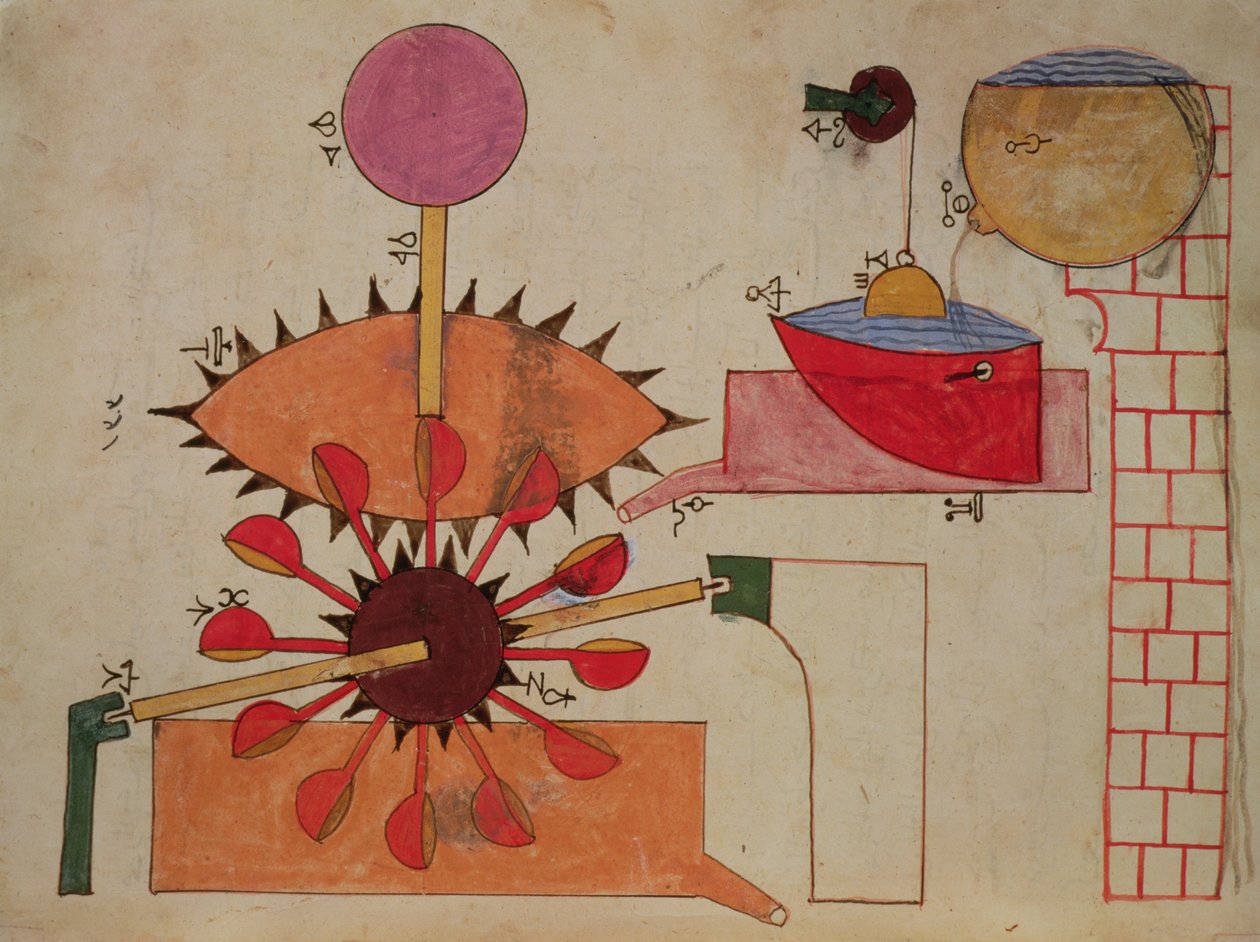 Diagram over et system for å pumpe vann inn i et basseng, fra Book of Knowledge of Genious Mechanical Devices av Al-Jazari, 1206 av Islamic School