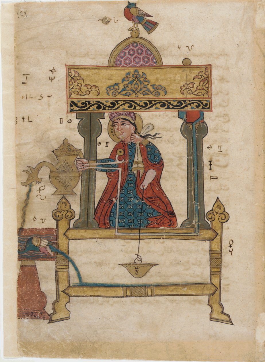 Håndvaskautomat med spylemekanisme, folio fra The Book of Genious Mechanical Devices; av Al-Djazari, 1315 (ugjennomsiktig wc, blekk og gull på papir) av Islamic School