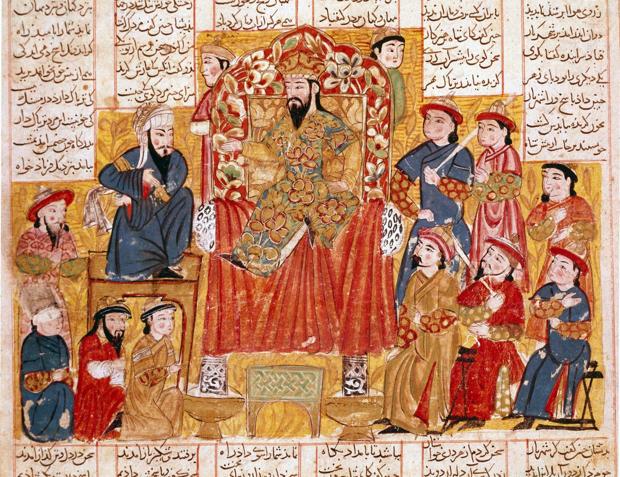 Islamsk kunst: "" En sultan og hans domstol"" Persisk miniatyr fra et manuskript av det episke diktet "" Shahnameh"" (Shah Nama, Shahnama) (Kongenes bok) av Ferdowsi (Firdawsi, eller Ferdawsi, eller Firdousi, ca. 940 av Islamic School