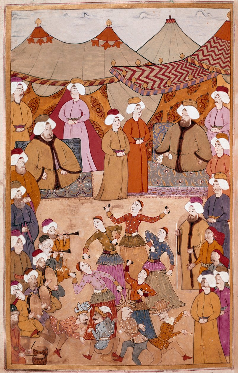 Islamsk kunst: "" Dans til glede for Sultan Ahmet III (1673-1736)"" Gouache på Levni-papir fra "" Surnama"" (kallenavn i) Vehbi) Debut fra 1700-tallet Topkapi Saray Museum, Istanbul av Islamic School