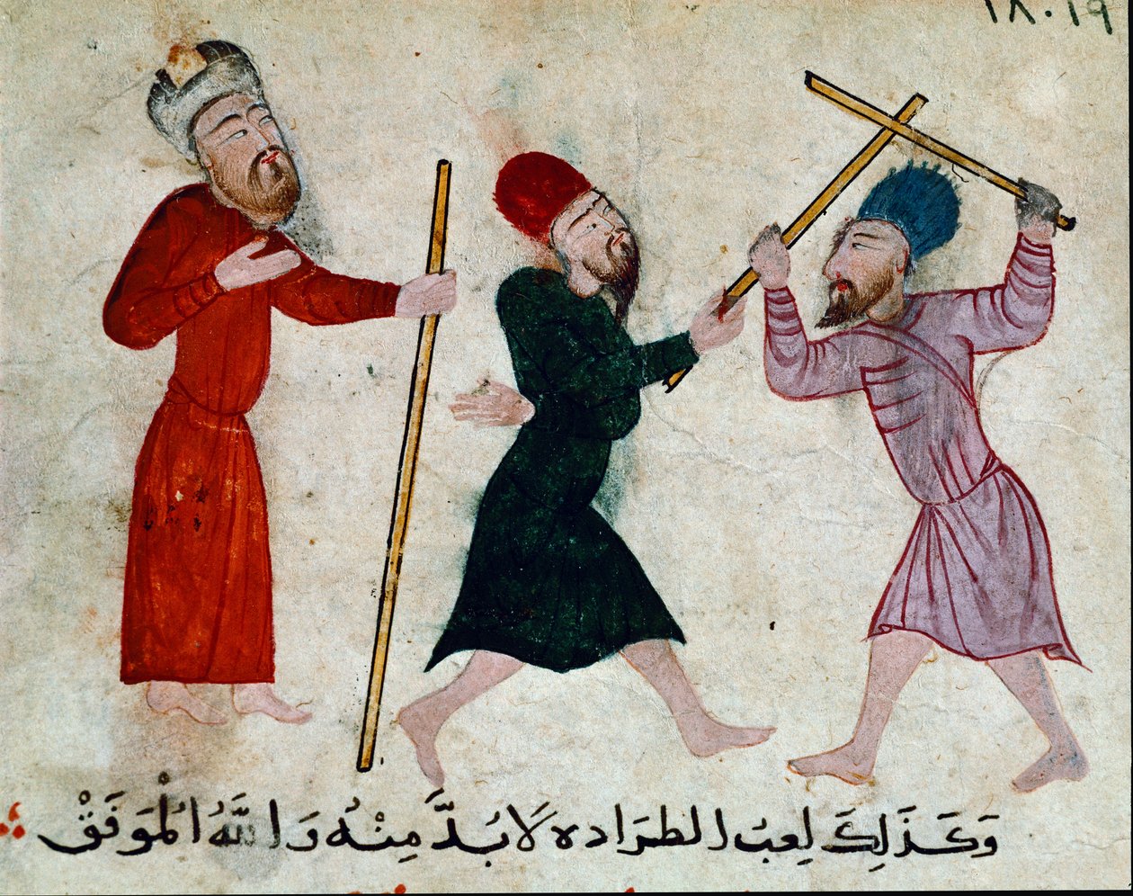 Islamsk kunst: Tegning på pergament fra Fatimid-perioden (10-1000-tallet) - Spill med pinner - Maleri på papyrus - Kairo, Museum for islamsk kunst av Islamic School