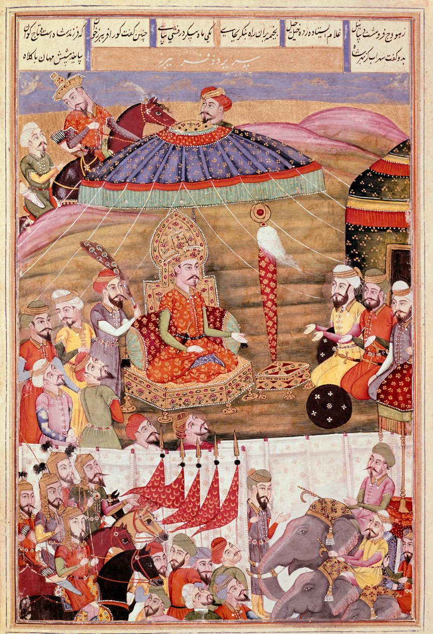 Islamsk kunst: "" Sohrab (Saharab) ser igjen på teltet til Roustam""" Persisk miniatyr fra et manuskript av det episke diktet "" Shahnameh"" (Shah Nama, Shahnama) (Kongenes bok) av Ferdowsi (Firdawsi, eller Ferdawsi, eller Firdousi, ca. 940-rundt 1020) (ms av Islamic School