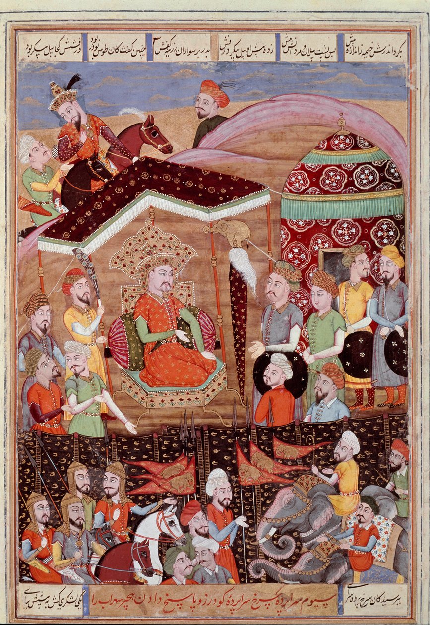 Islamsk kunst: "" Sohrab (Saharab) ser på det svarte teltet til lederne av den persiske hæren""" Persisk miniatyr fra et manuskript av det episke diktet "" Shahnameh""" (Shah Nama, Shahnama) (Kongenes bok) av Ferdowsi (Firdawsi, eller Ferdawsi, eller Firdo av Islamic School