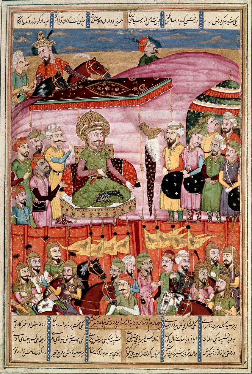 Islamsk kunst: "" Sohrab (Saharab) står ved teltet til Roustam""" Persisk miniatyr fra et manuskript av det episke diktet "" Shahnameh"" (Shah Nama, Shahnama) (Kongenes bok) av Ferdowsi (Firdawsi eller Ferdawsi) , eller Firdousi, ca. 940-rundt 1020) (ms. 6 av Islamic School