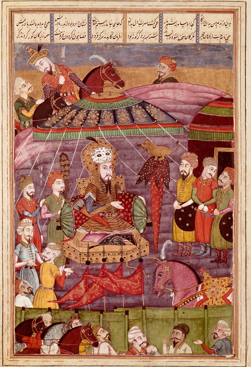 Islamsk kunst: "" Sohrab ser på det røde teltet til Rostame, hans far"" Persisk miniatyr fra et manuskript av det episke diktet "" Shahnameh"" (Shah Nama, Shahnama) (Kongenes bok) av Ferdowsi (Firdawsi, eller Ferdawsi) , eller Firdousi, ca. 940-rundt 1020) av Islamic School