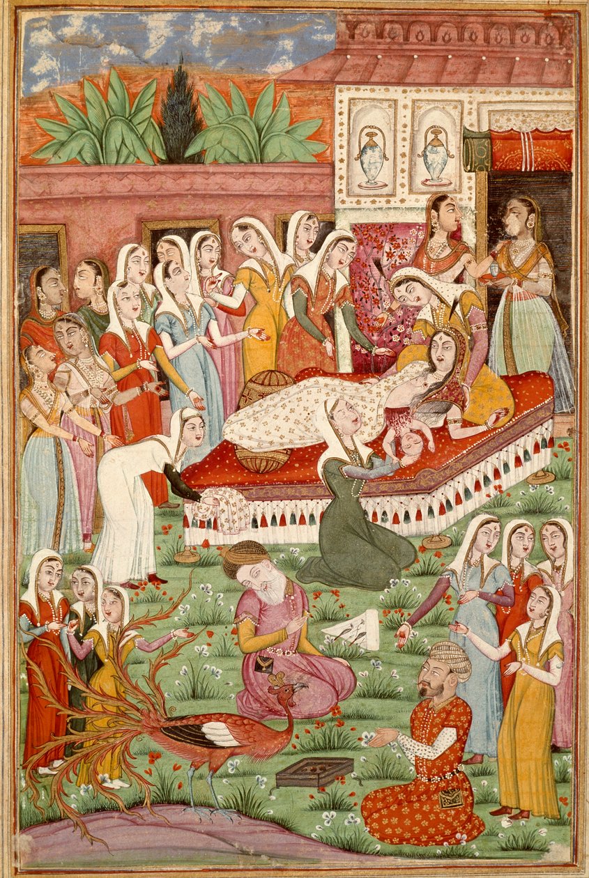 Islamsk kunst: "" The Birth by Cesarian of Roustam""" Persisk miniatyr fra et manuskript av det episke diktet "" Shahnameh"" (Shah Nama, Shahnama) (Kongenes bok) av Ferdowsi (Firdawsi, eller Ferdawsi, eller Firdousi, ca. 940-rundt 1020) (ms. 607) Chantilly av Islamic School