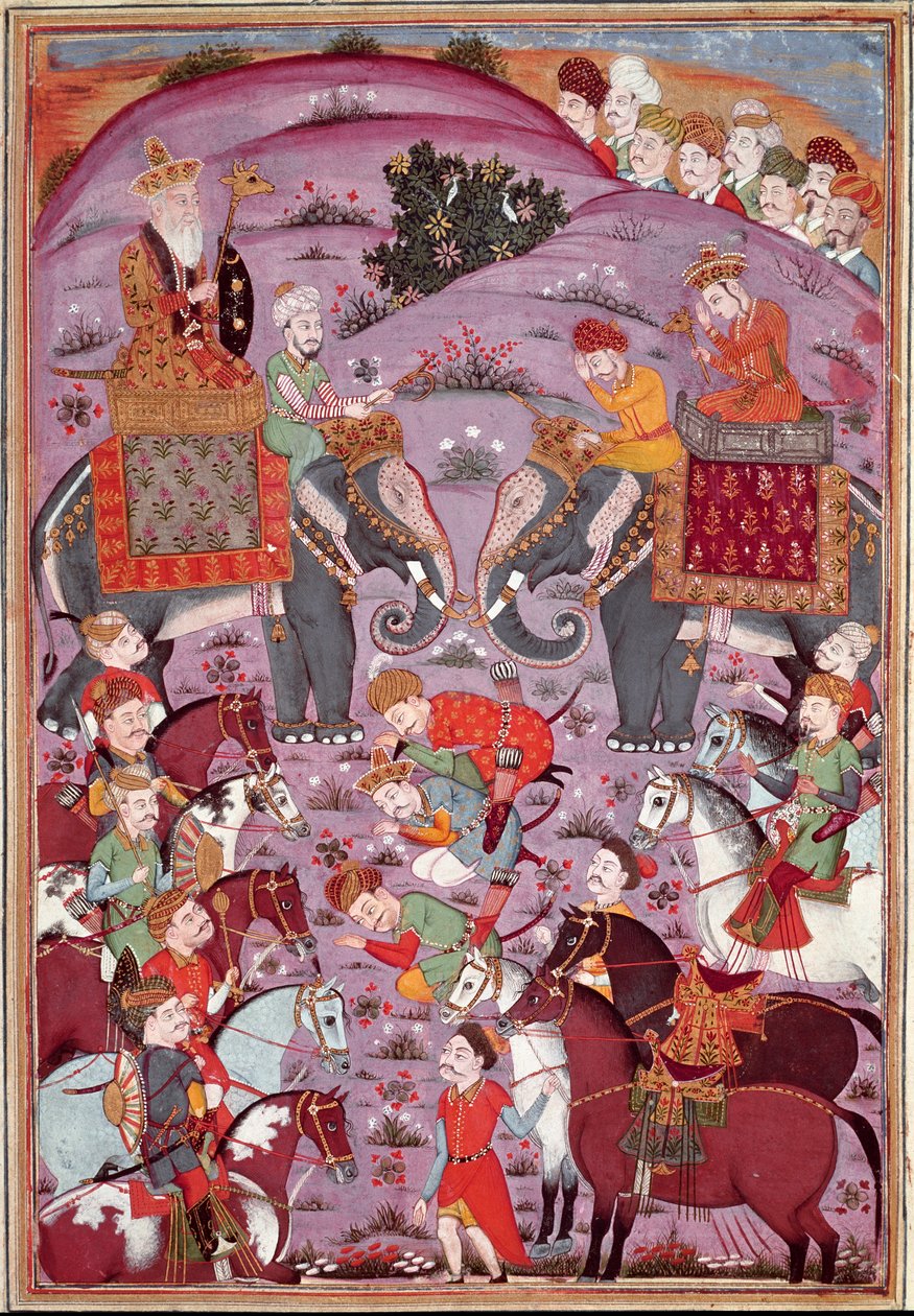 Islamsk kunst: "" The First Meeting of Roustam and His Aieul Sam"" Persisk miniatyr fra et manuskript av det episke diktet "" Shahnameh"" (Shah Nama, Shahnama) (Kongenes bok) av Ferdowsi (Firdawsi eller Ferdawsi, eller Firdousi, ca. 940 - rundt 1020) (ms.  av Islamic School