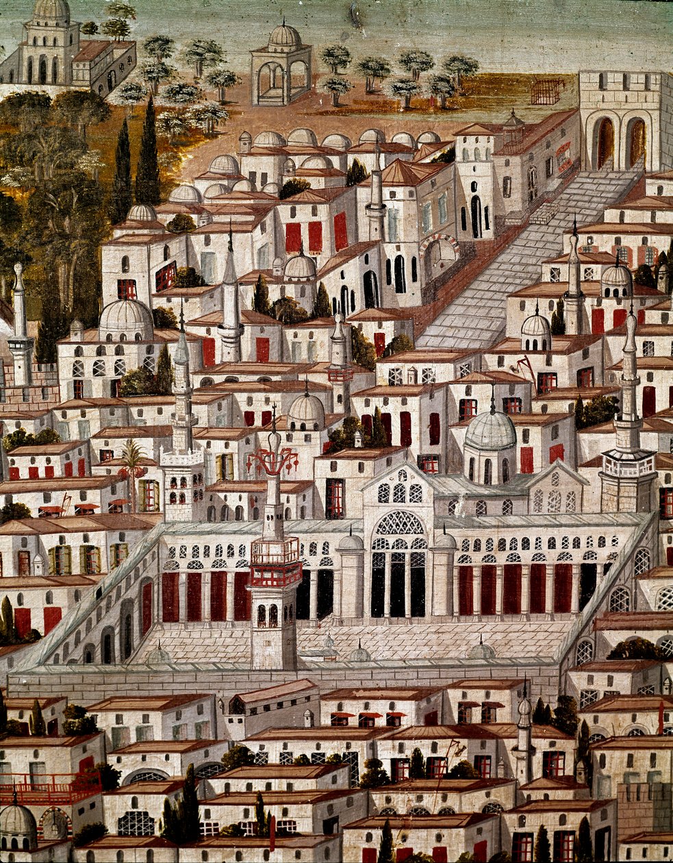Islamsk kunst: Utsikt over Damaskus med Den store moskeen til Umayyadene i Damaskus (705-715). Anonymt syrisk maleri fra 1600-tallet. Syria, Damaskus, Azem Palace eller Azm. av Islamic School