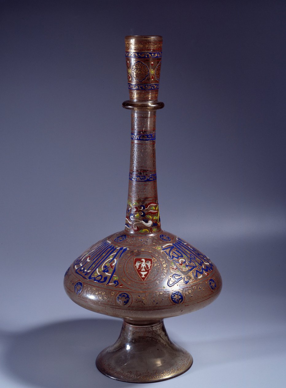 Islamsk kunst: flasken har lenge enamed glasshals av visekong Tuquztemur. 1345 ca.. fra Egypt eller Syria. Dim. 50 cm. Paris, Louvre-museet av Islamic School