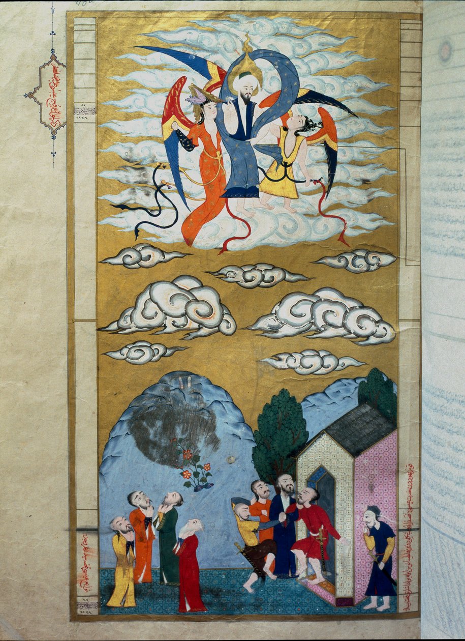 Islamsk representasjon av oppstigningen til profeten Isa (Isa ibn Marym: Jesus) Miniatyr fra manuskriptet "Zubdat al Tawarikh" (krem eller historiens fine blomst) av historikeren Seyyyid Loqman (Lokman) Ashuri av Islamic School