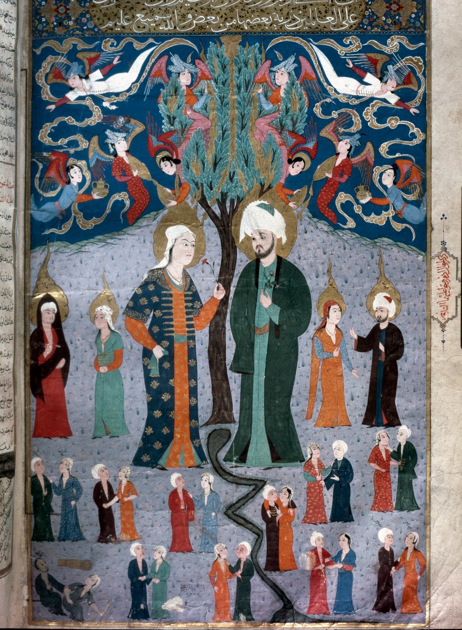 Islamsk representasjon av Adam og Eva Miniatyr fra manuskriptet "Zubdat al Tawarikh" (Zubdat al Tawarikh) (Creme of Stories) av historikeren Seyyid Loqman Ashuri 1538. Tyrkisk og islamsk kunstmuseum Istanbul av Islamic School