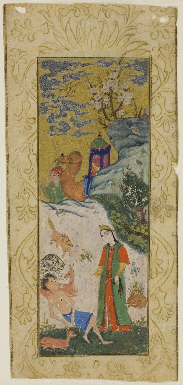 Layla Visiting Majnun in the Desert, page from a copy of the Khamsa of Nizami av Islamic School