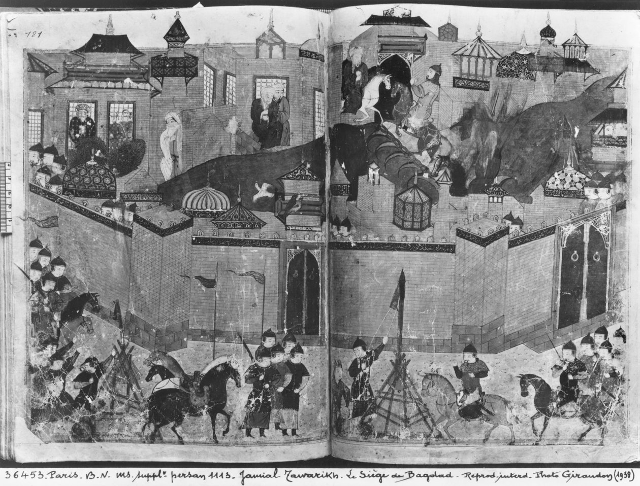 Ms Suppl Persan 1113 f.180-181 Mongoler under ledelse av Hulagu Khan stormet og inntok Bagdad i 1258, fra 