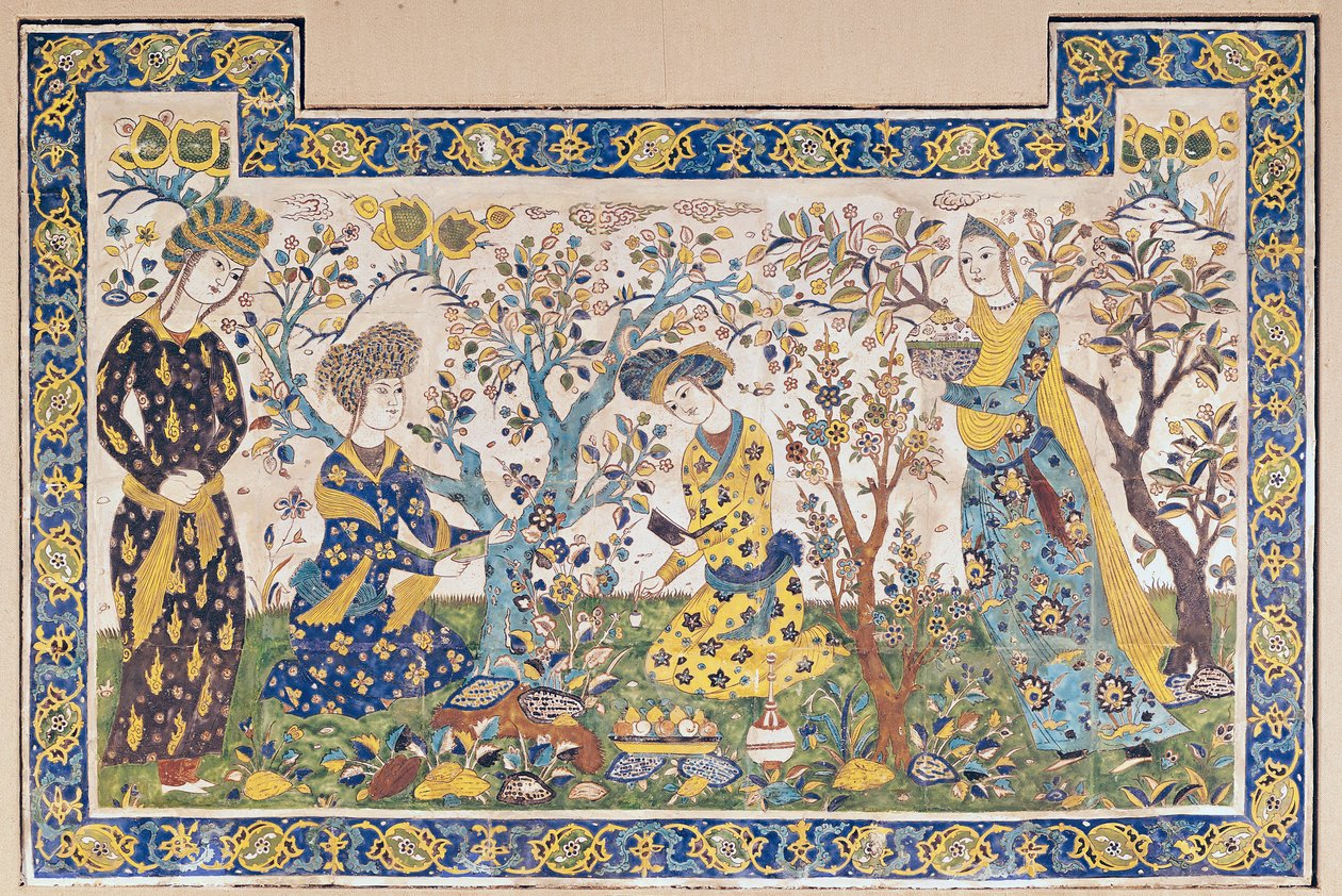 Veggpanel med figurer som slapper av i en hage, fra Tchehel Sutun eller Pavilion of Forty Columns bygget av Shah Abbas II (1642-66), persisk, fra Isfahan, Iran (keramiske fliser) av Islamic School