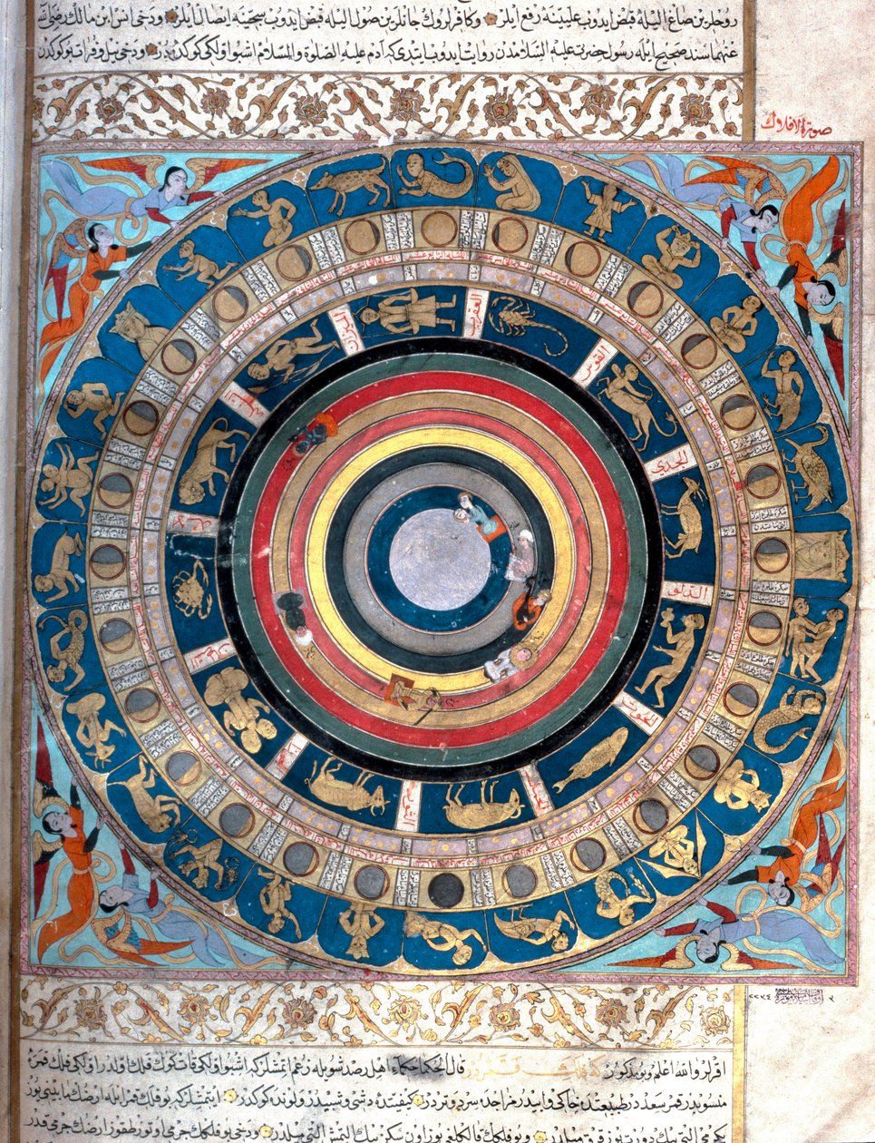 Representasjon av den himmelske kloden, med stjernetegn og måneinndelinger (nakshatra). Miniatyr fra manuskriptet "Zubdat al Tawarikh" (Zubdat al Tawarikh) (Creme of Stories) av historikeren Seyyid Loqman Ashuri 1538. Tyrkisk og islamsk kunstmuseum Ista av Islamic School