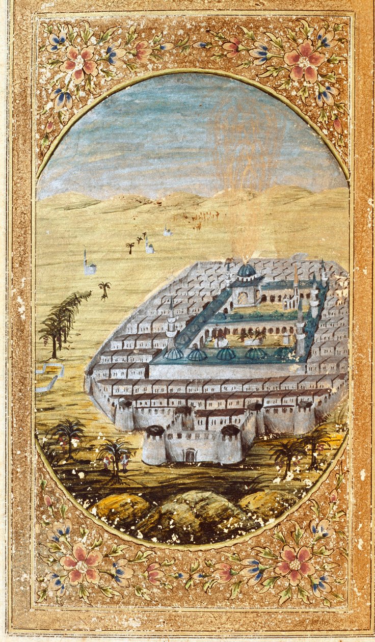 Utsikt over Mekka (La Mekke), stedet for muslimsk pilegrimsreise, og slettene til Arafat-fjellet (Arafah), Saudi-Arabia. Side hentet fra en utgave av Koranen av Islamic School