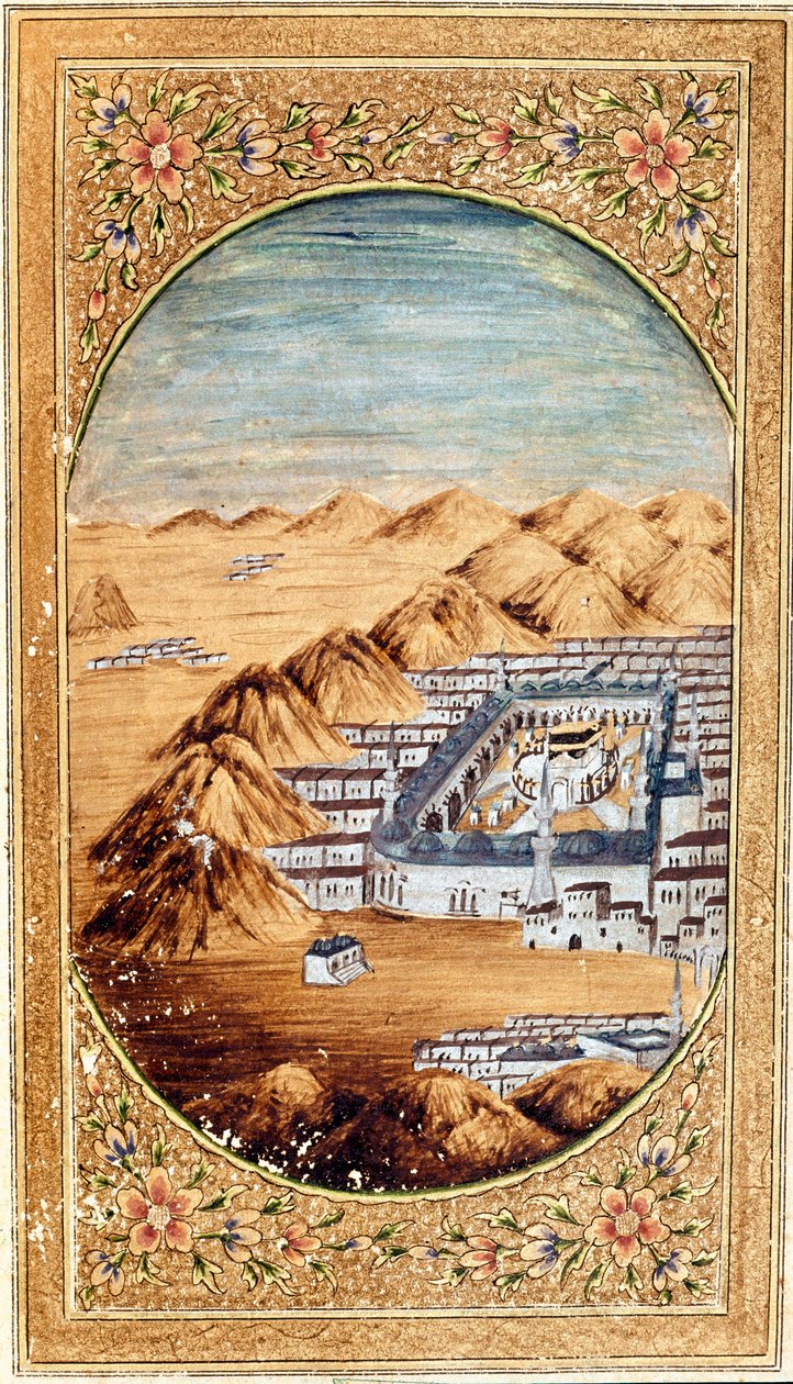 Utsikt over Mekka (La Mekke), stedet for muslimsk pilegrimsreise, og slettene til Arafat-fjellet (Arafah), Saudi-Arabia. Side hentet fra en utgave av Koranen av Islamic School