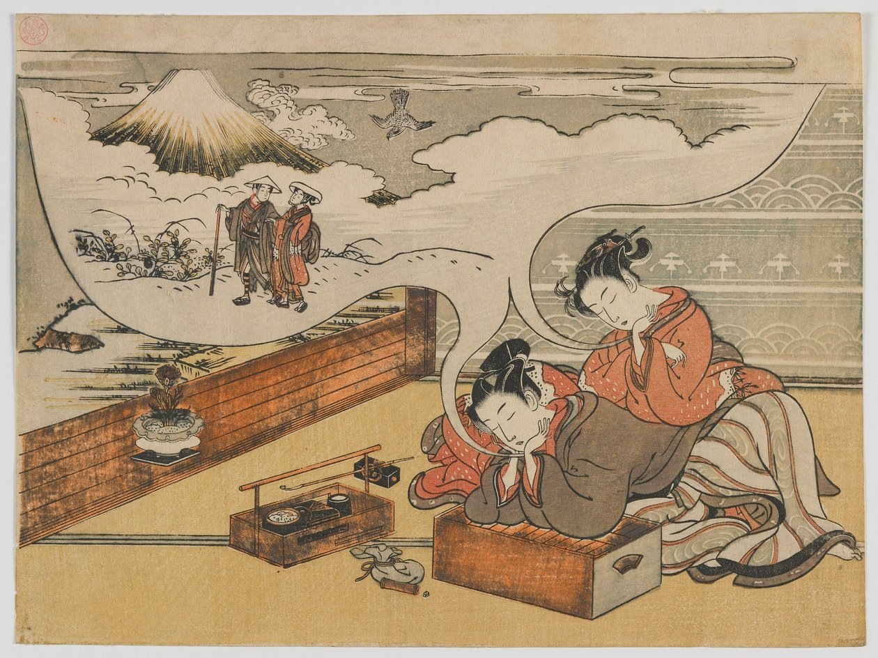 Drømmer om å gå i nærheten av Fuji, Edo-perioden, 1770-73 (farget treblokktrykk) av Isoda Koryusai