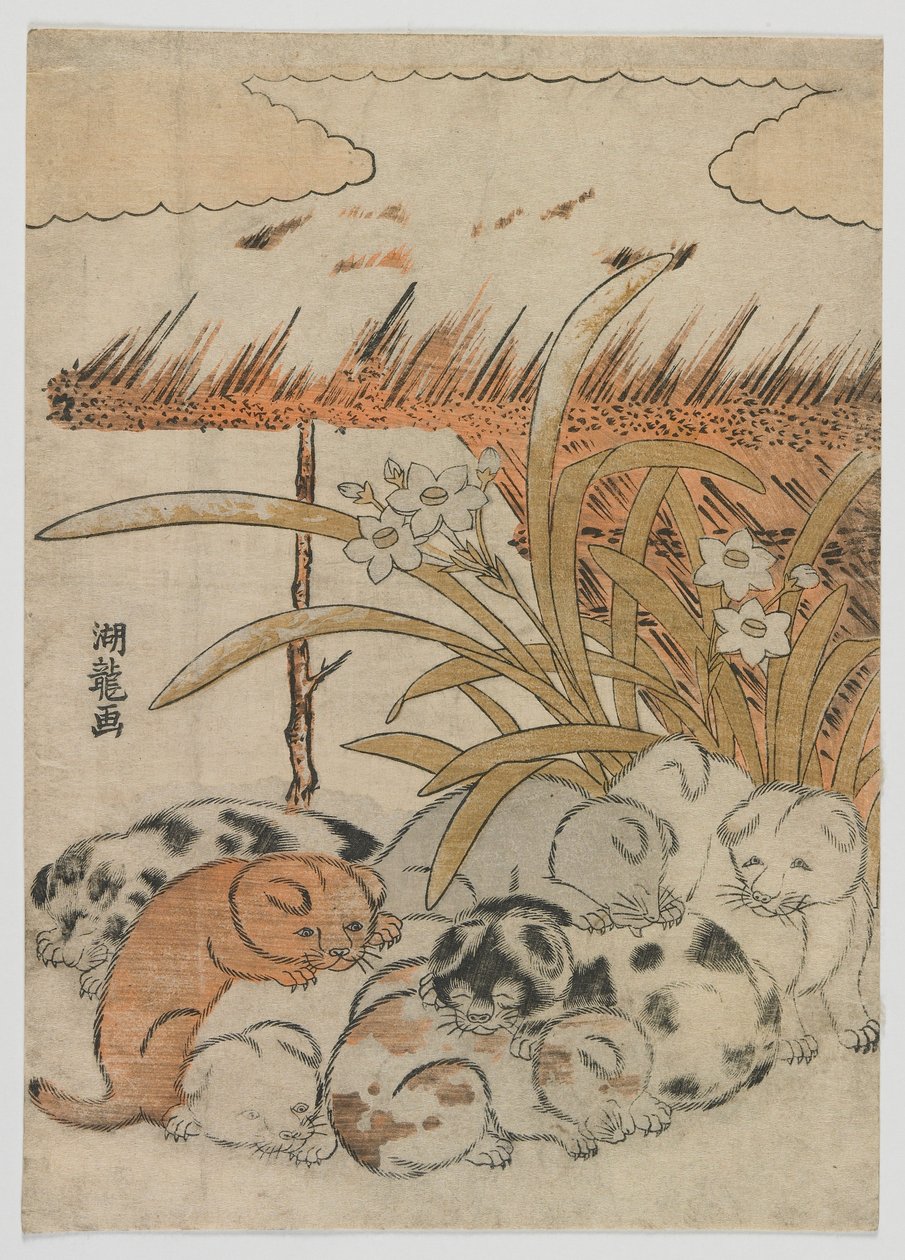 Puppies in the Snow, Edo-perioden, 1778 (farget treblokktrykk) av Isoda Koryusai