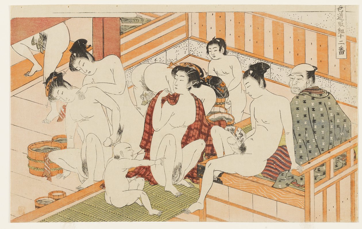 Badehus, nr. 12 fra Tolv møter på kjærlighetens vei (Shikidō torikumi jūniban) av Isoda Koryusai