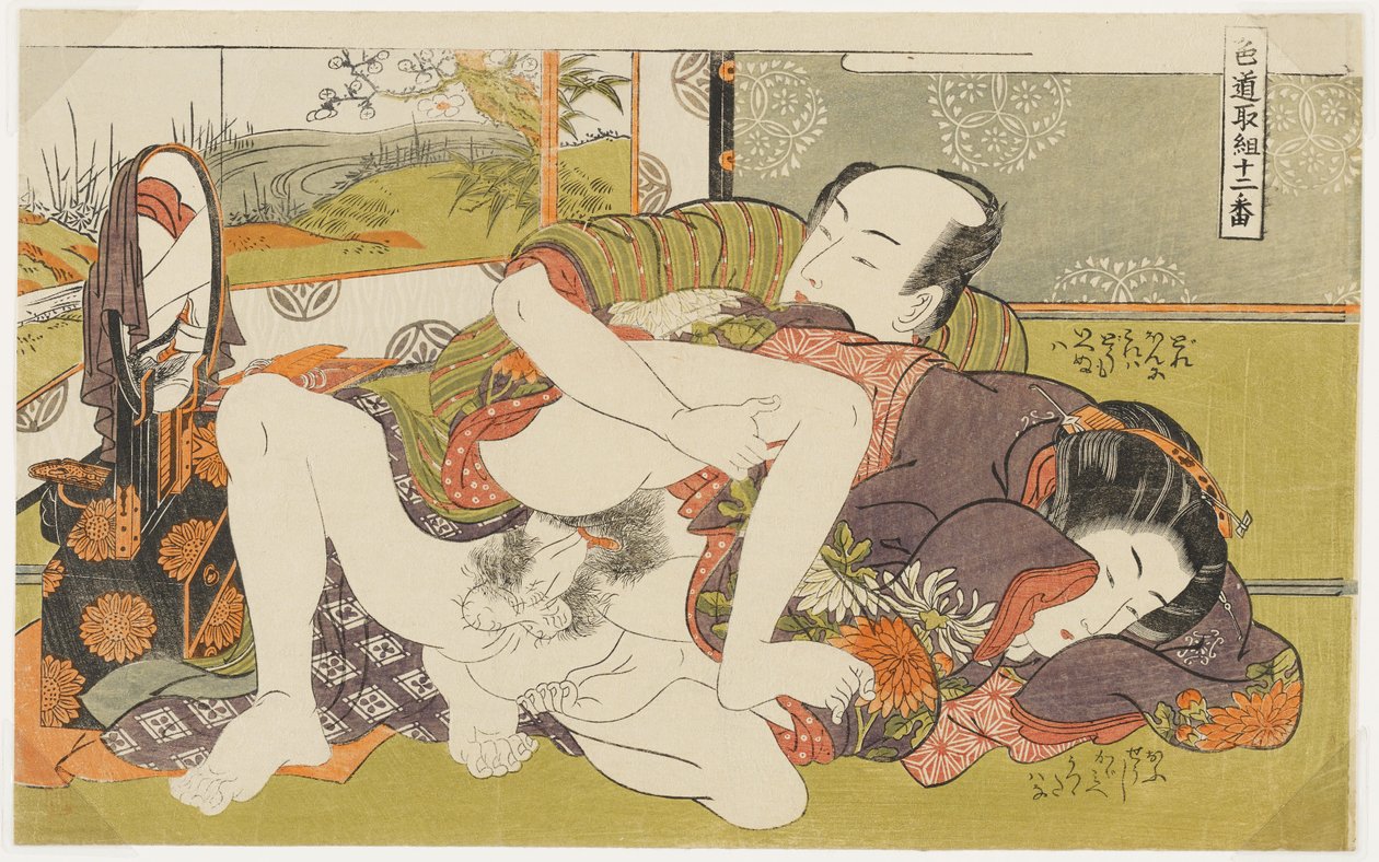 Foran speilet, nr. 4 fra Tolv møter på kjærlighetens vei (Shikidō torikumi jūniban) av Isoda Koryusai