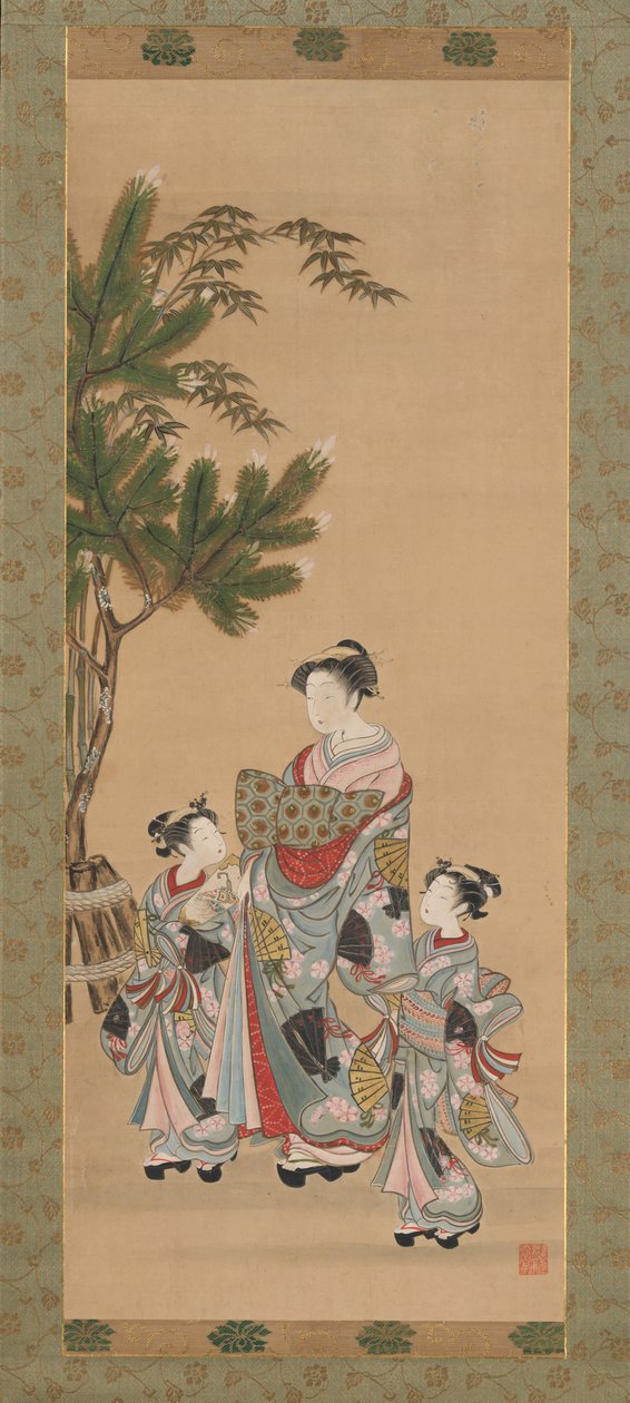 Kurtisane og to betjenter på nyttårsdag, ca. 1780-årene. av Isoda Koryusai
