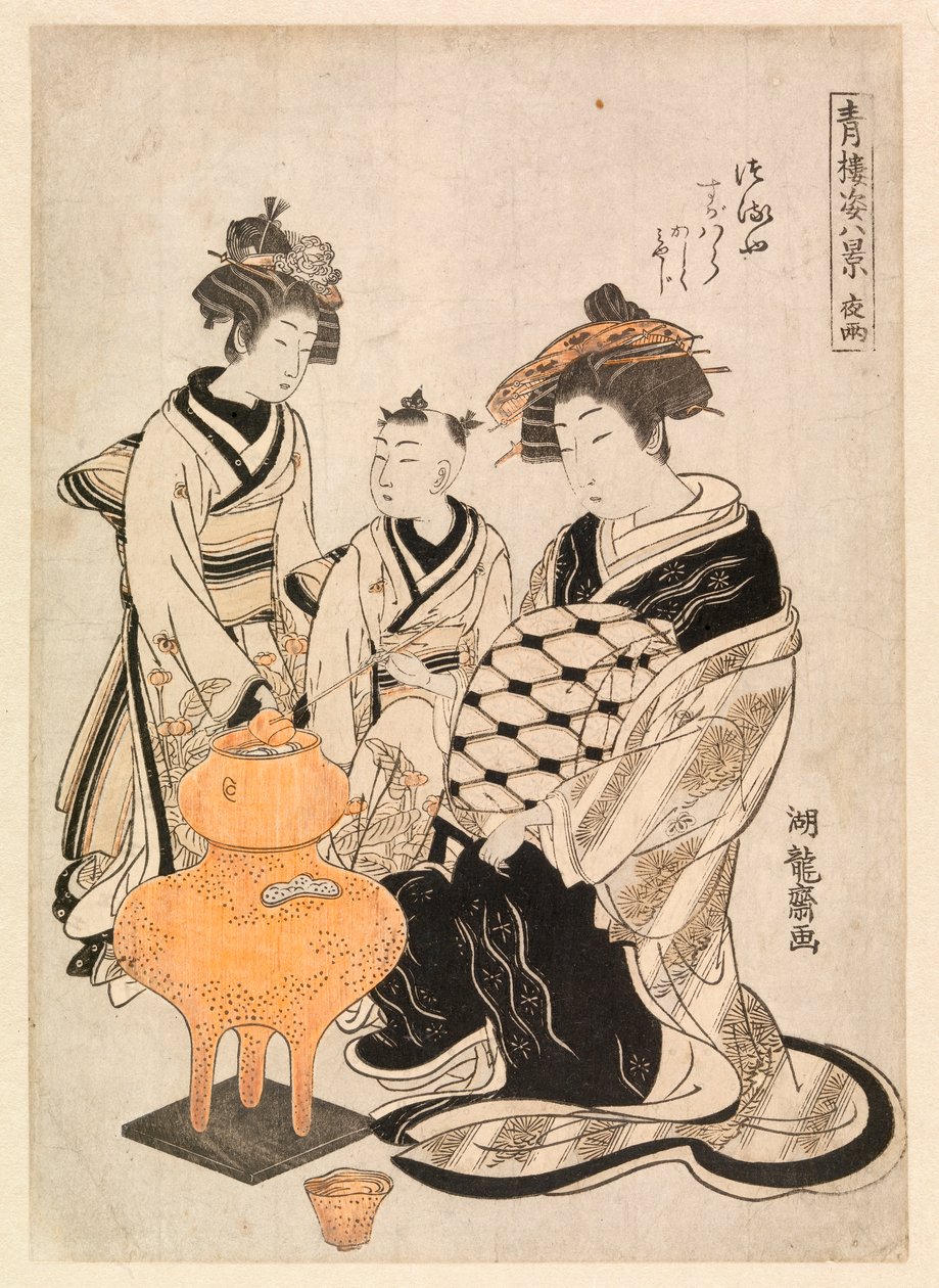 Kurtisane og ledsagere varme sake, ca. 1766-80 (fargetresnitt) av Isoda Koryusai