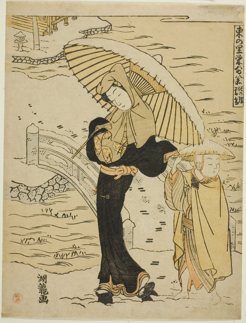 Evening Snow at Ikenohata (Ikenohata bosetsu), fra serien "Evening Snow at Ikenohata" av Isoda Koryusai