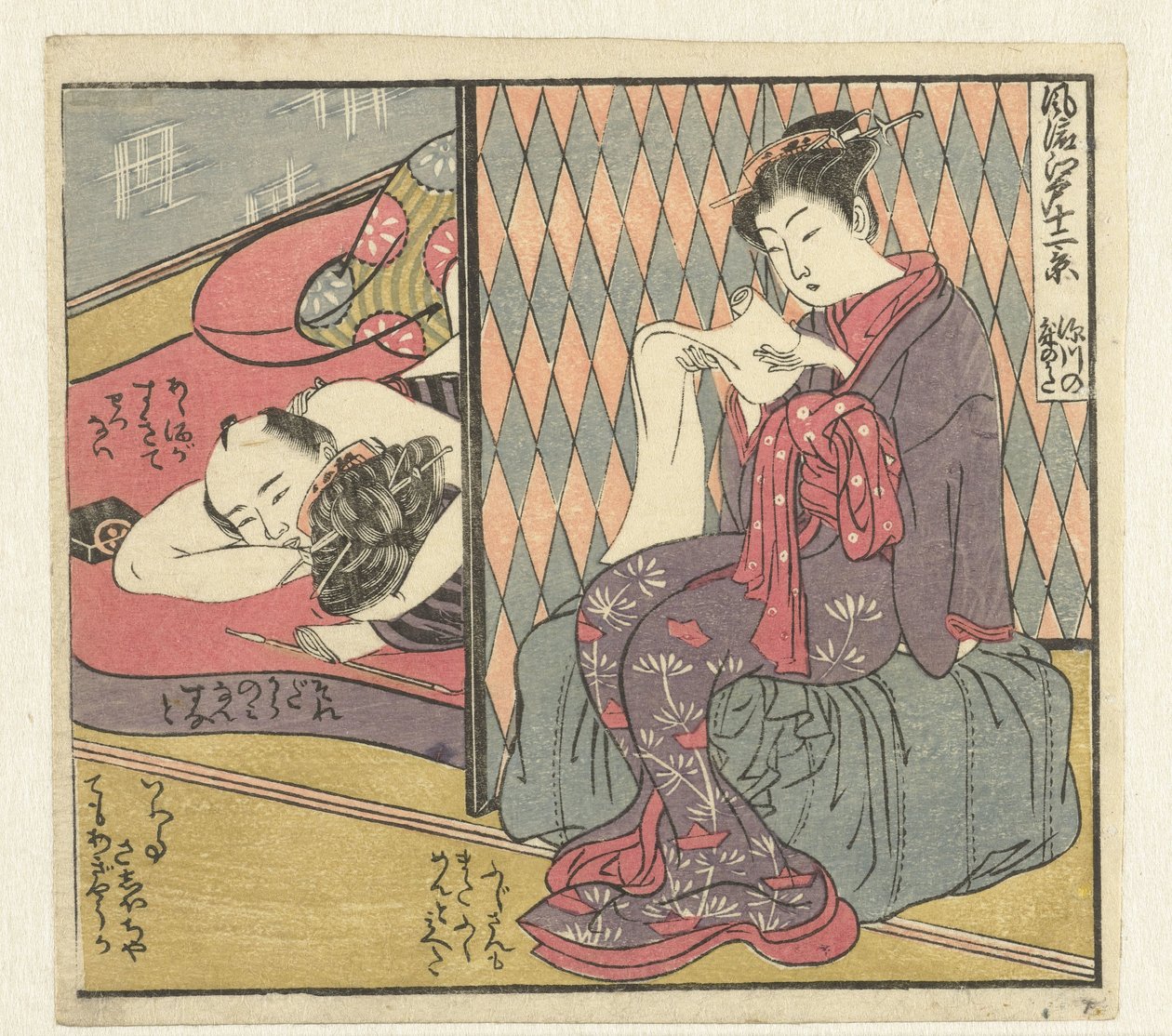 Elsker par og leser kvinne Twelve Views of Sophisticated Edo (serietittel) Furyu Edo junikei (serietittel på objekt) av Isoda Koryusai