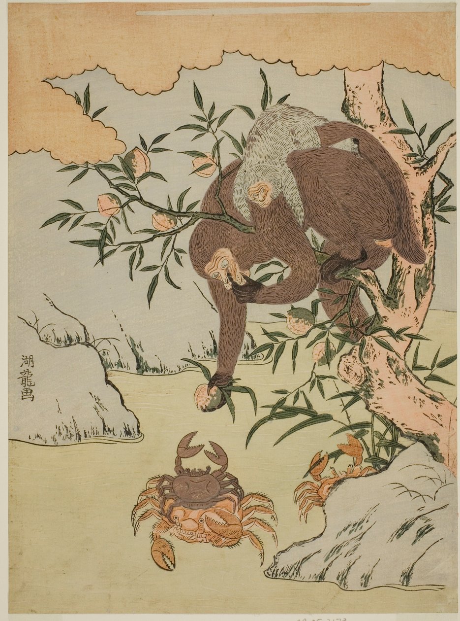 Monkey leker med krabber av Isoda Koryusai