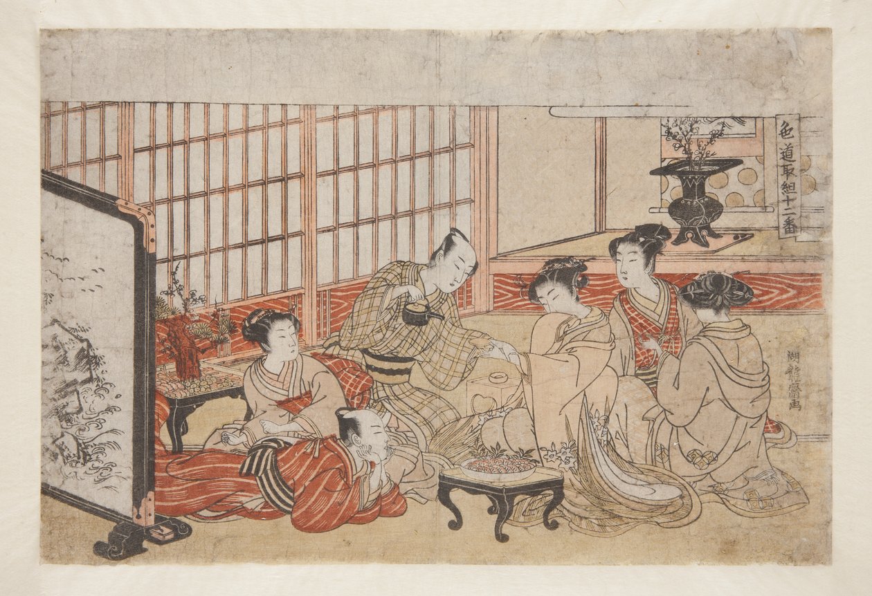 Nr. 1, A Party in the Yoshiwara (farget treblokktrykk) av Isoda Koryusai