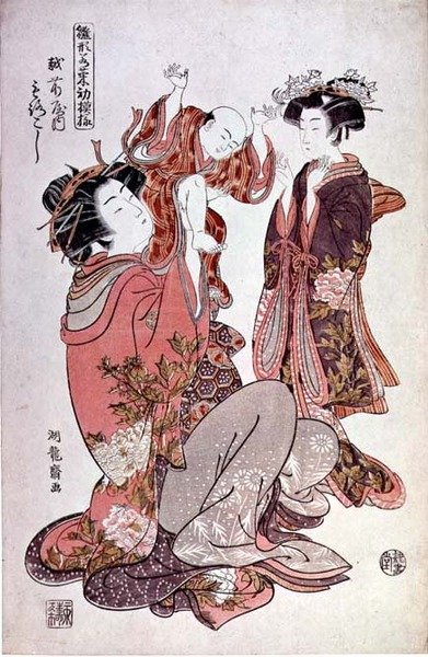 Kurtisanen Morokoshi fra Echizan med barn og ledsager, ca. 1775 (farget treblokktrykk) av Isoda Koryusai