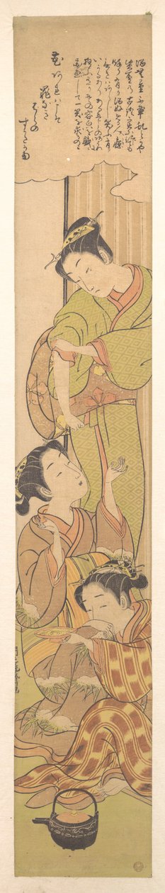 Drei Mädchen trinken Sake av Isoda Koryusai