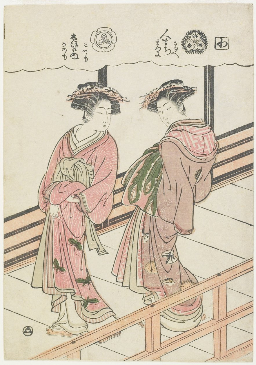 To kurtisaner på en veranda, 1777 (farget treblokktrykk) av Isoda Koryusai