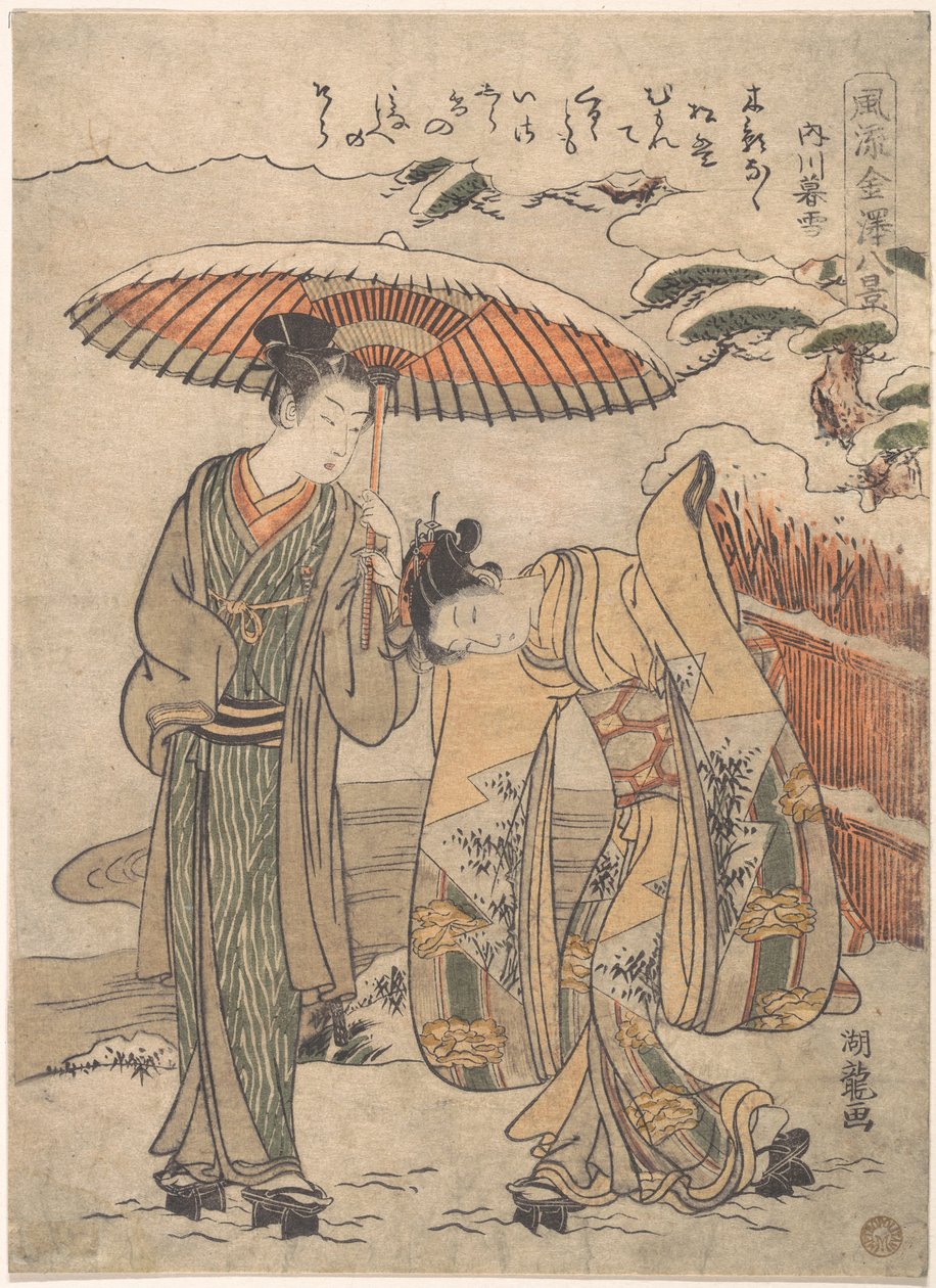 Kveldssnø ved Uchikawa av Isoda Koryusai