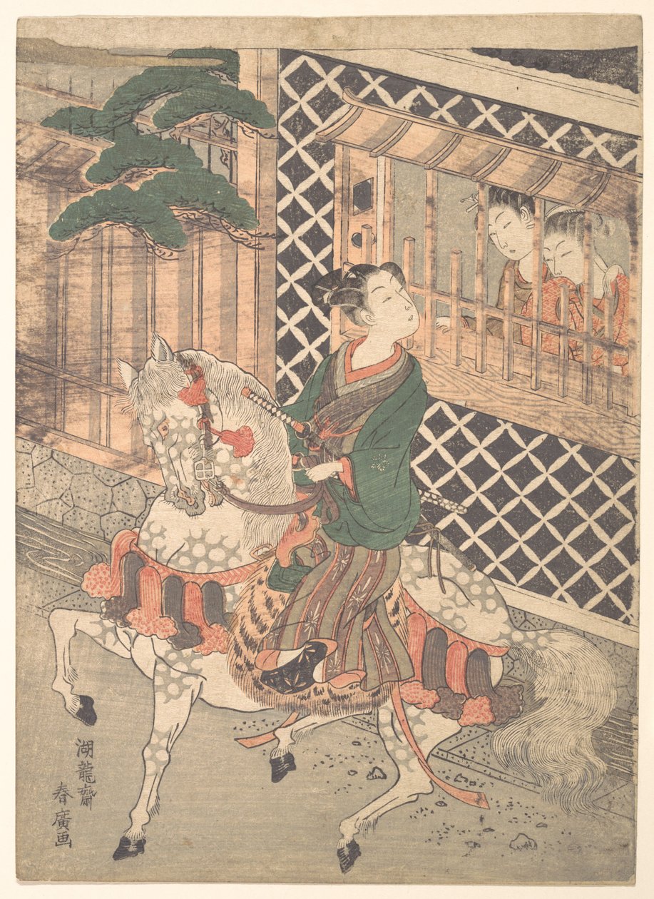 Ung samurai til hest og kvinner ved et vindu av Isoda Koryusai