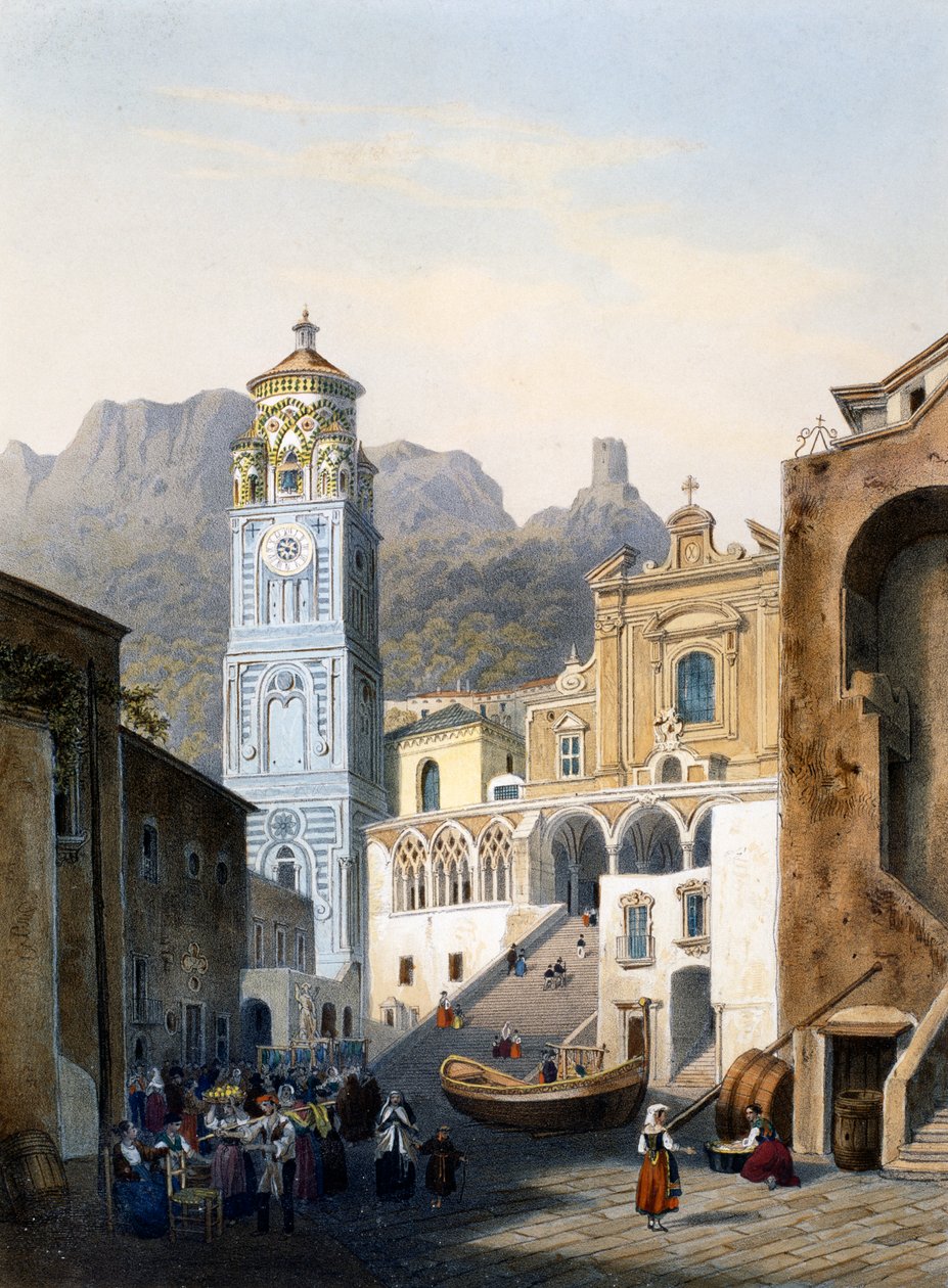Amalfi-katedralen med gammel fasade (farge litho) av Isodore Laurent Deroy