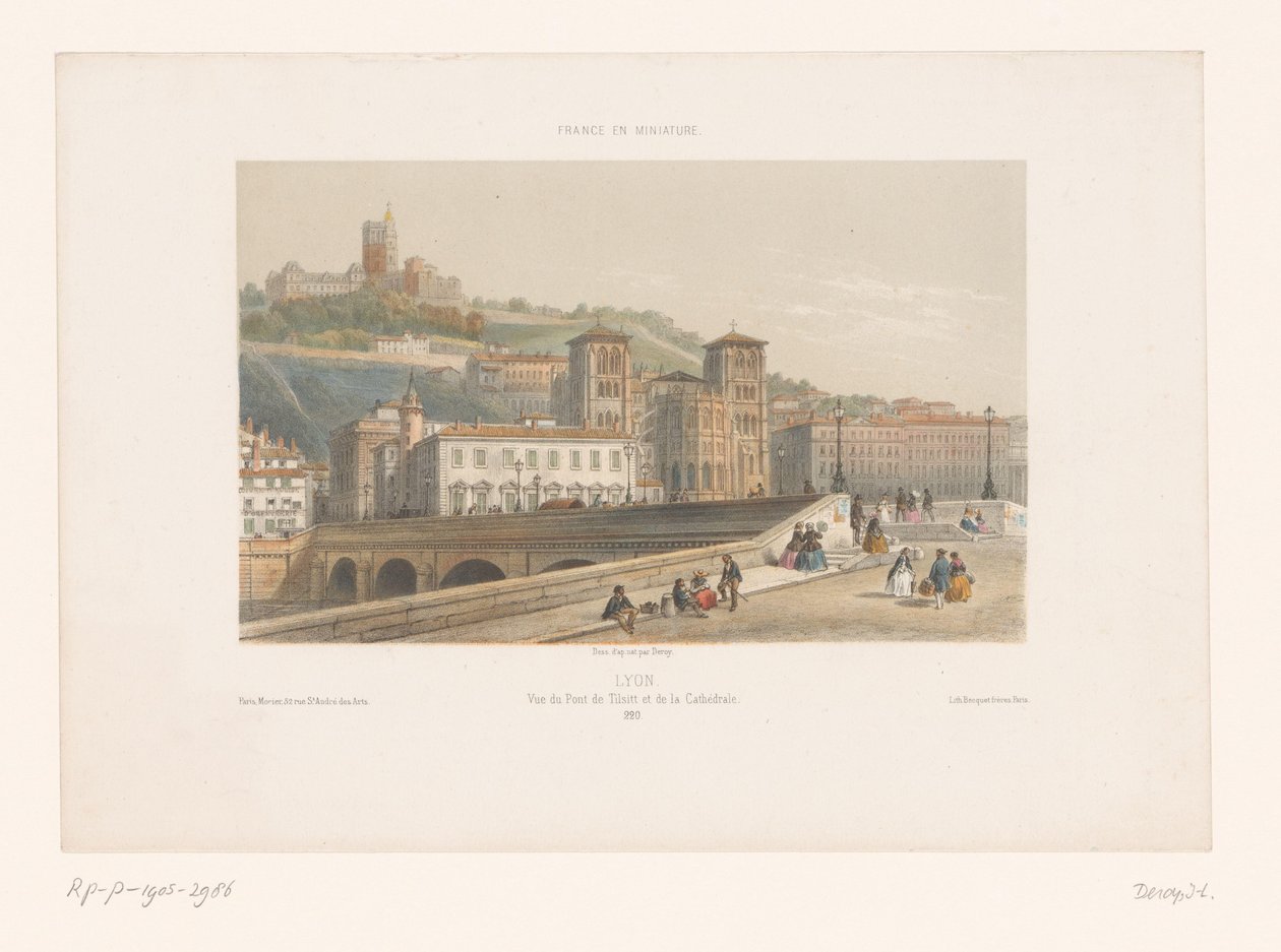 Utsikt over Pont Tilsitt og Saint-Jean-katedralen i Lyon Lyons. Vue du Pont de Tilsitt et de la Cathédrale (tittel på objekt) Små ansikter i Frankrike (serietittel) Frankrike en miniatyr (serietittel på objekt) av Isodore Laurent Deroy