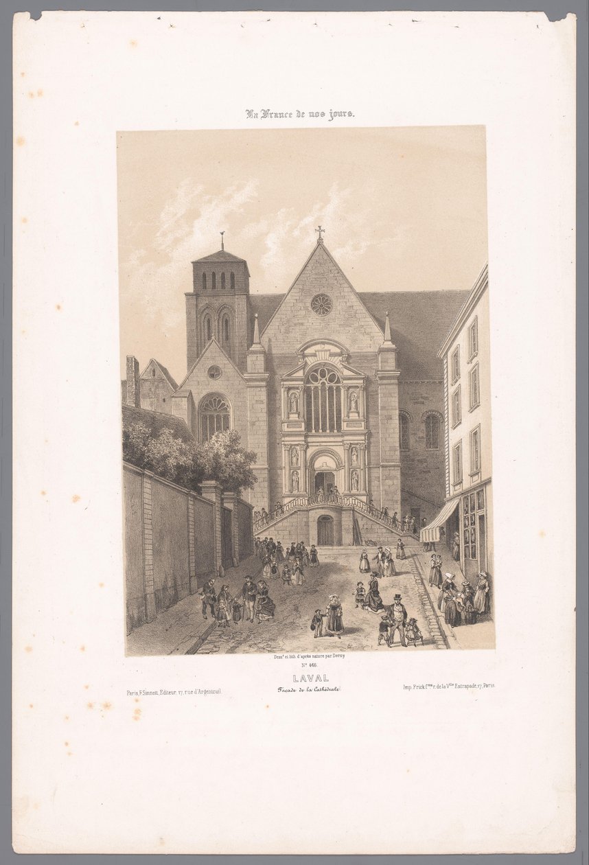 Utsikt over Sainte-Trinité-katedralen i Laval lava. Fasade de la Cathédrale (tittel på objekt) Contemporary France (serietittel) La France de nos jours (serietittel på objekt) av Isodore Laurent Deroy