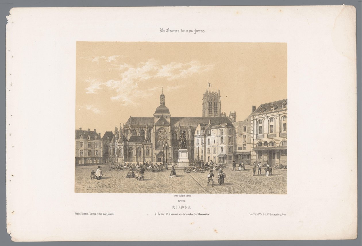 Utsikt over Saint-Jacques-kirken og statuen av Duquesne i Dieppe Dieppe. l