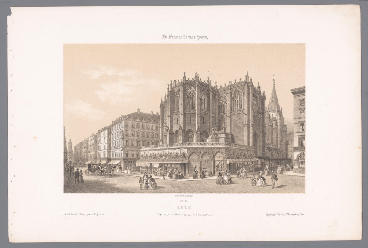 Zicht op de kerk Saint-Nizier en de rue de l'Impératrice te Lyon Lyon. Apsis av St. Nizier og Rue de l'Impératrice (tittel på objekt) Hedendaags Frankrijk (serietittel) France Today (serietittel på objekt) av Isodore Laurent Deroy