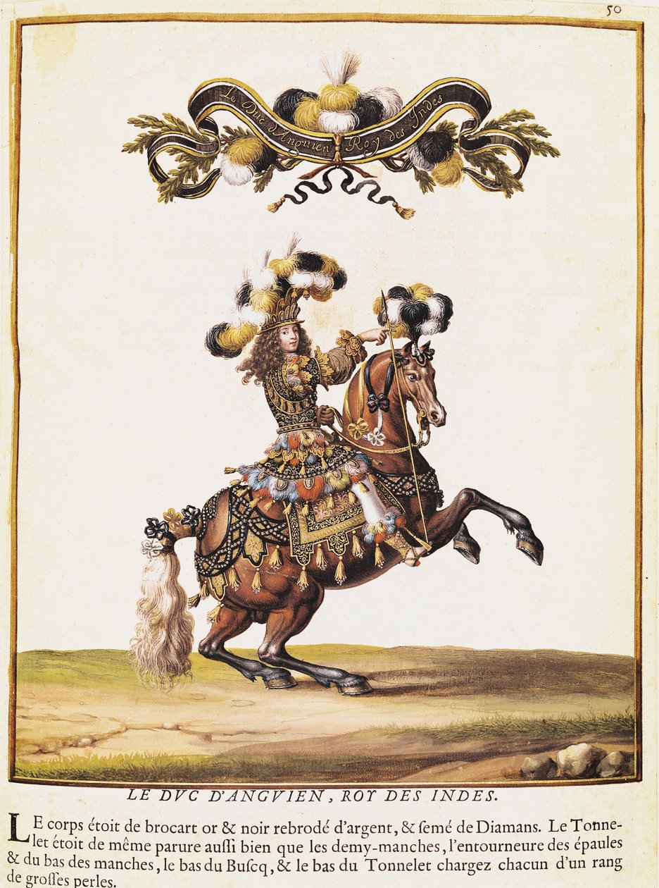 Hertugen av Enghien som indianernes konge ved karusellen fremført for Ludvig XIV (1638-1715) foran Tuileriene, 5. juni 1662 av Israël Silvestre the Younger
