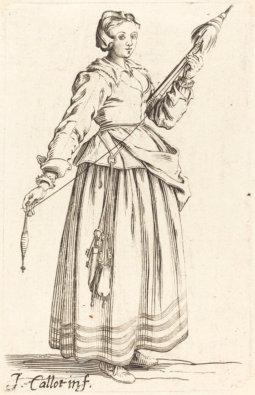 Ung kvinne med distaff, vendt mot høyre av Israel Henriet after Jacques Callot
