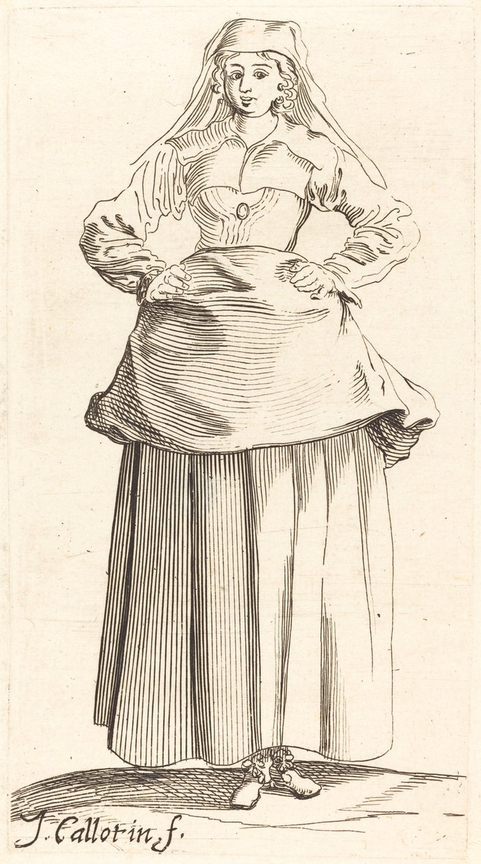 Ung kvinne med hender på hoftene, sett forfra av Israel Henriet after Jacques Callot