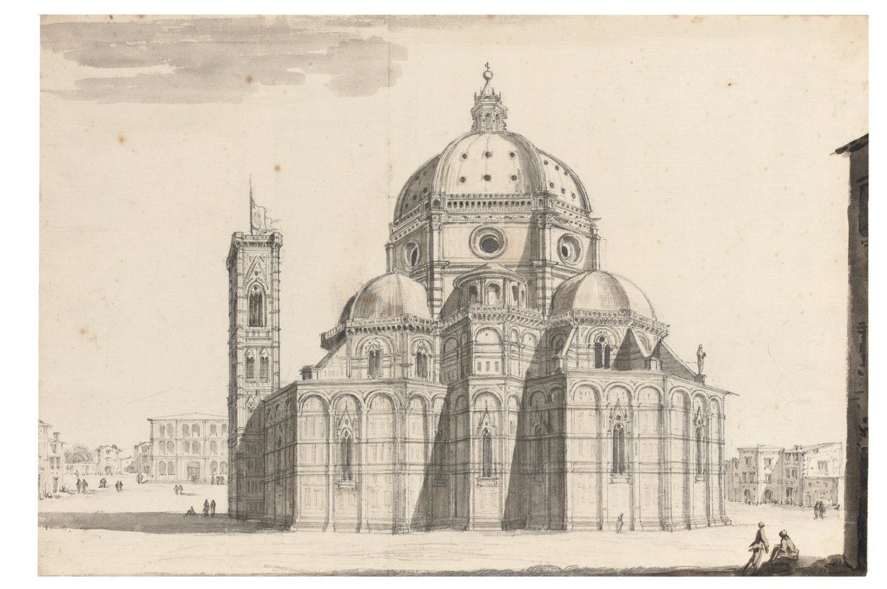 The Duomo and Campanile, Florence (svart kritt, penn og grått blekk, brunt og grått vask på papir med vannmerkeenhet) av Israel the Younger Silvestre