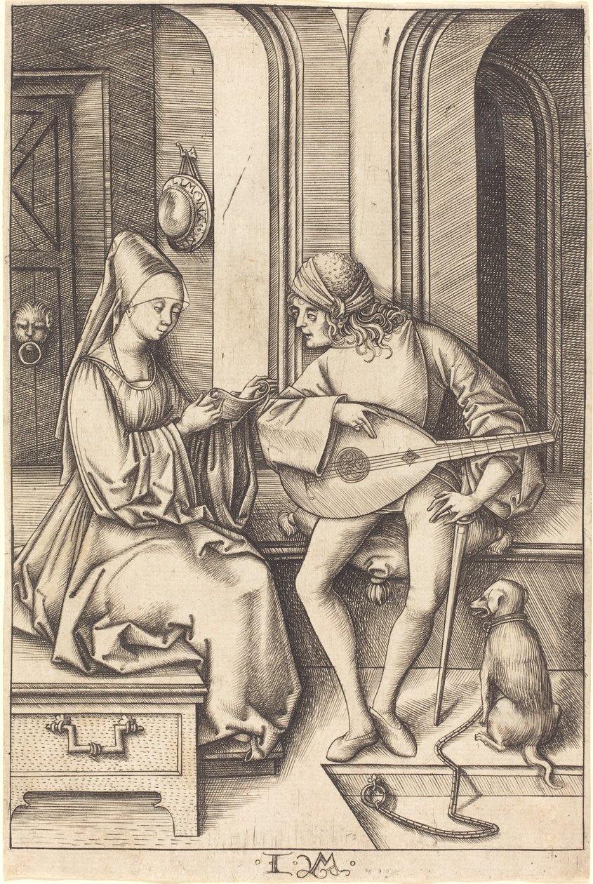 Lutespilleren og sangeren, ca. 1500 av Israhel van Meckenem the younger