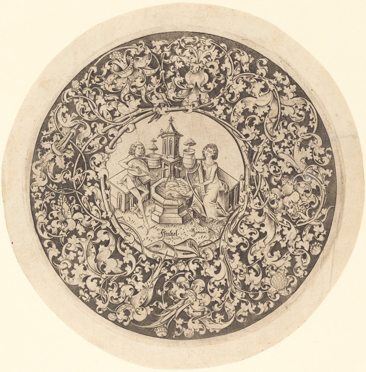 Sirkulært ornament med musikere som spiller nær en brønn, ca. 14951503. av Israhel van Meckenem